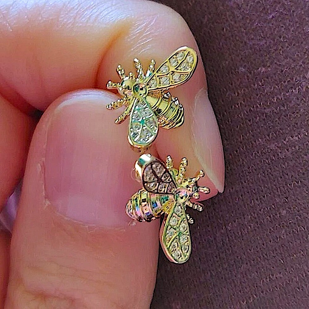 Bumble Bee Gold Plated Stud Zircon Earrings - Picture 2 of 6